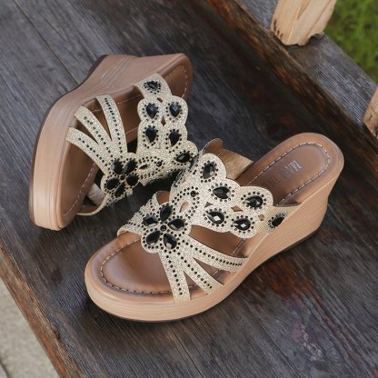 👡Kapcie damskie w stylu bohemy z odkrytymi palcami i cekinami na obcasie