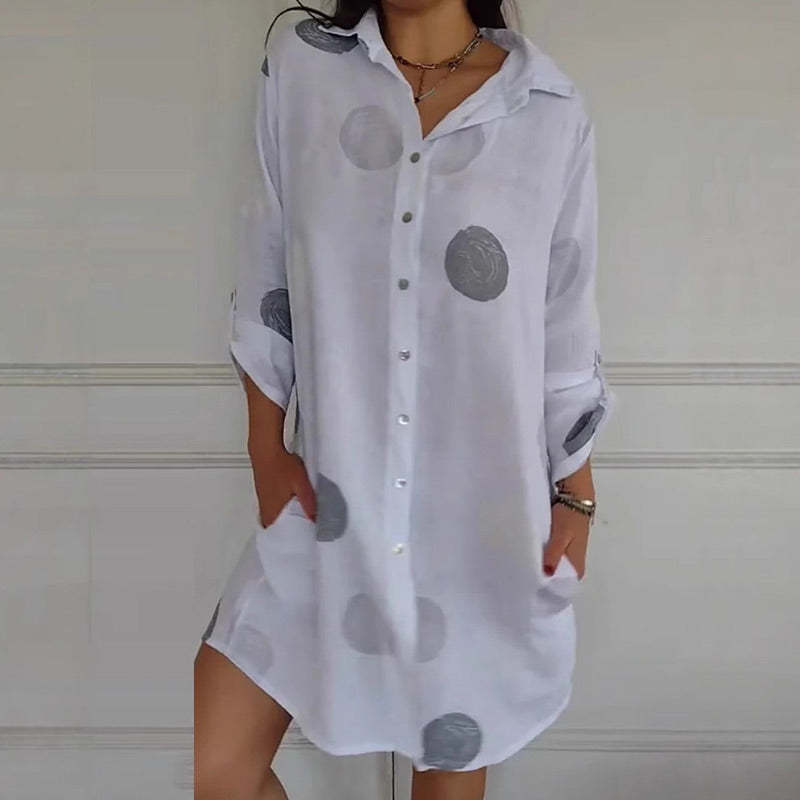 Abito-camicia taglie forti con tasche e stampa a pois