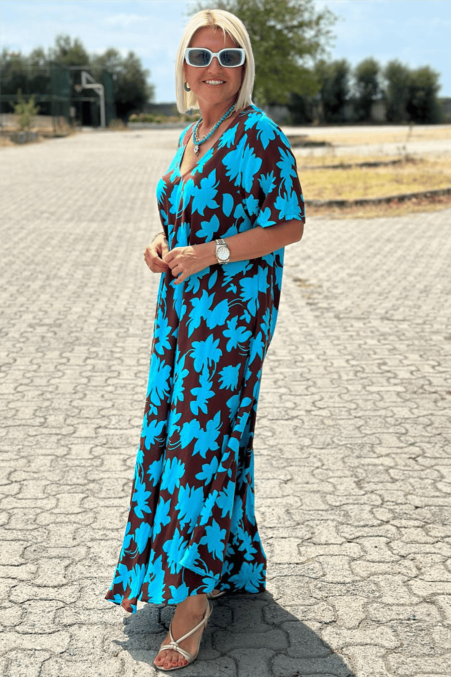 Abito lungo casual con scollo a V e stampa floreale