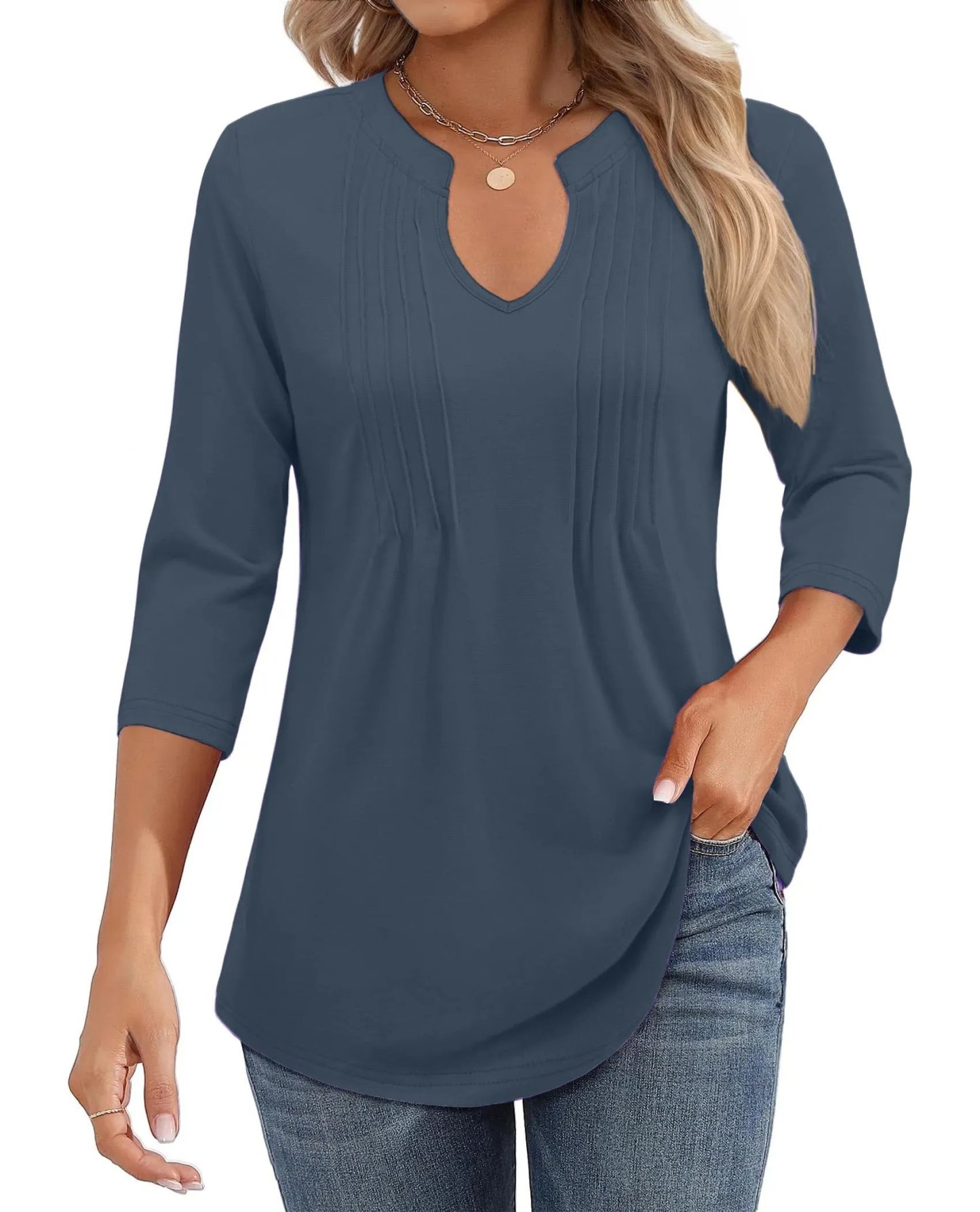 526✨WOMENS CASUAL 3/4 SLEEVE PLEATED TUNIC BLOUSE(🎁⏰Final Day: BUY 2 GET 1 FREE)
