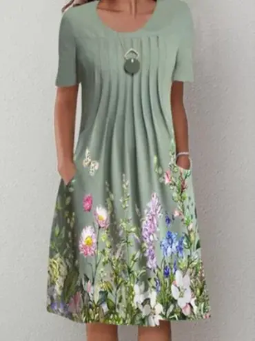 🌸🦋【40-100KG】Nowa damska sukienka z okrągłym dekoltem i nadrukiem (S-3XL)