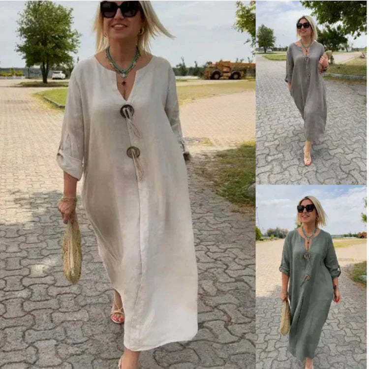 【M-4XL】👗Bawełniana i lniana sukienka z dekoltem V