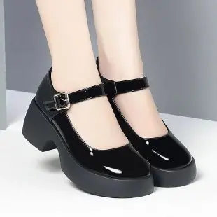 💥【35-40】2025 nuove scarpe da donna in pelle con punta tonda e suola spessa con tacchi alti