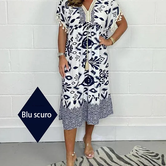 🌸Abito casual stampato con scollo a V e frange sulle maniche corte