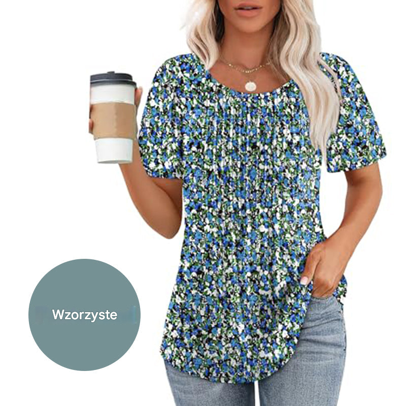 🔥👚Damska letnia koszulka z krótkim rękawem i okrągłym dekoltem plisowana