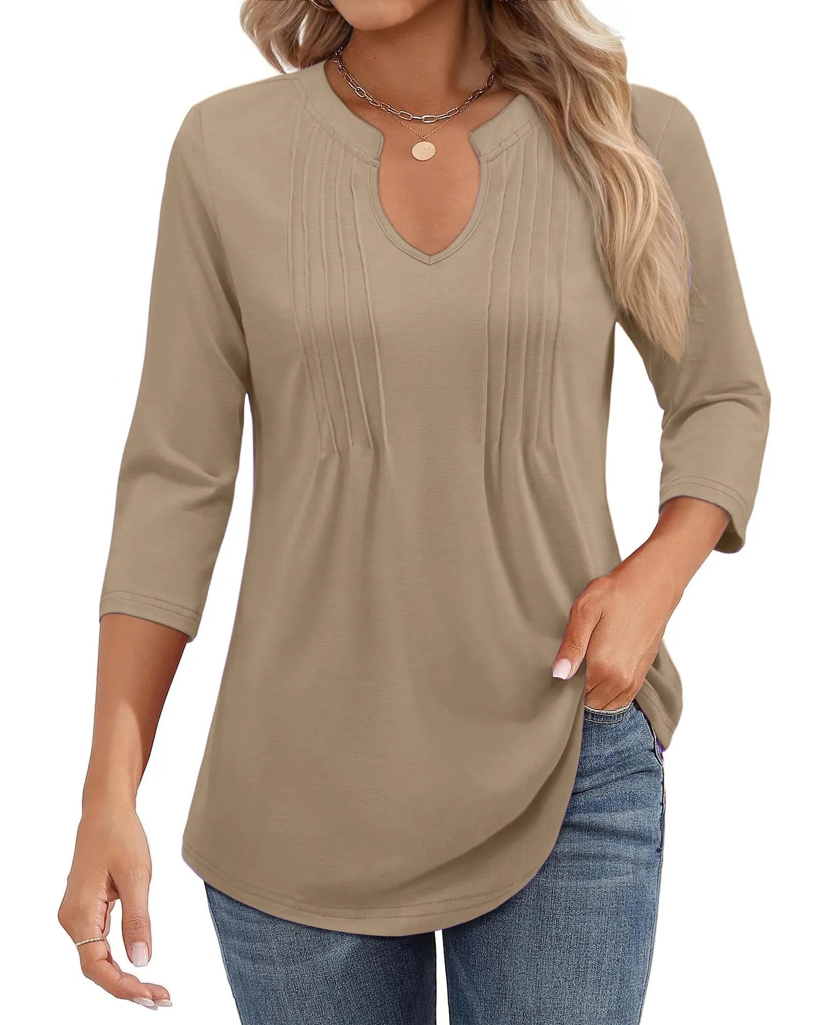 526✨WOMENS CASUAL 3/4 SLEEVE PLEATED TUNIC BLOUSE(🎁⏰Final Day: BUY 2 GET 1 FREE)