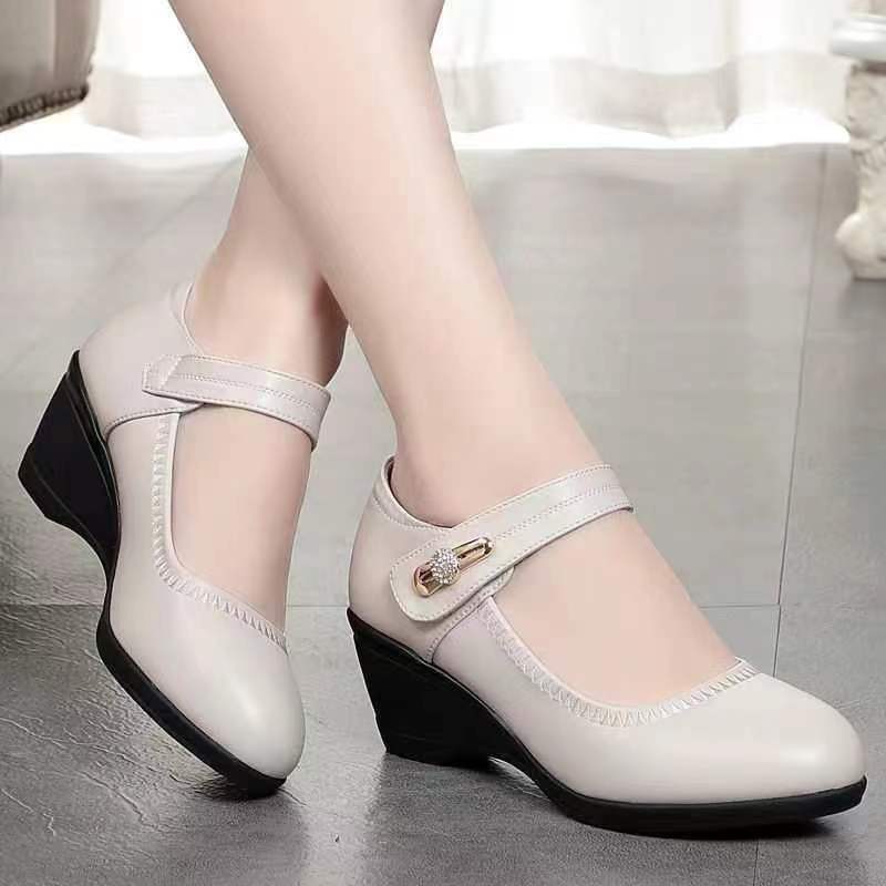 【35-41】Scarpe da mamma in morbida pelle con suola morbida e tacco a zeppa antiscivolo