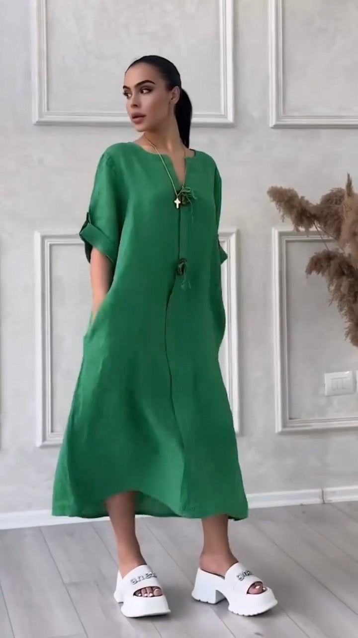 【M-4XL】👗Bawełniana i lniana sukienka z dekoltem V