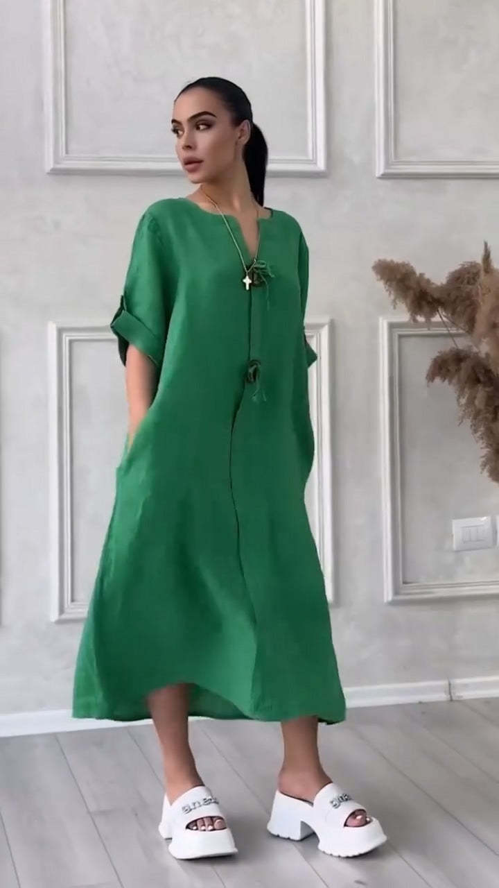 【M-4XL】👗Bawełniana i lniana sukienka z dekoltem V