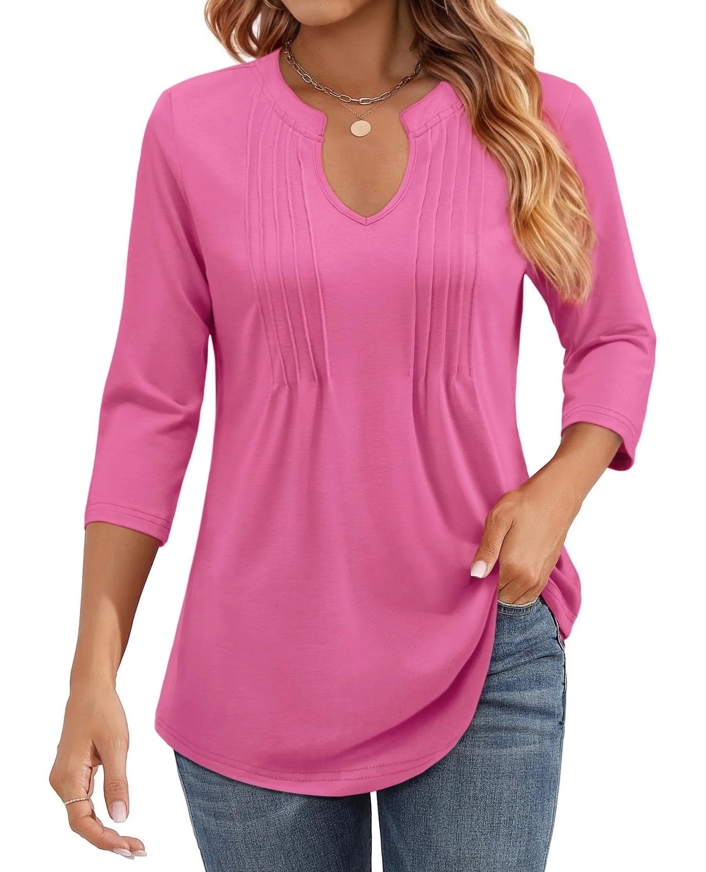 526✨WOMENS CASUAL 3/4 SLEEVE PLEATED TUNIC BLOUSE(🎁⏰Final Day: BUY 2 GET 1 FREE)