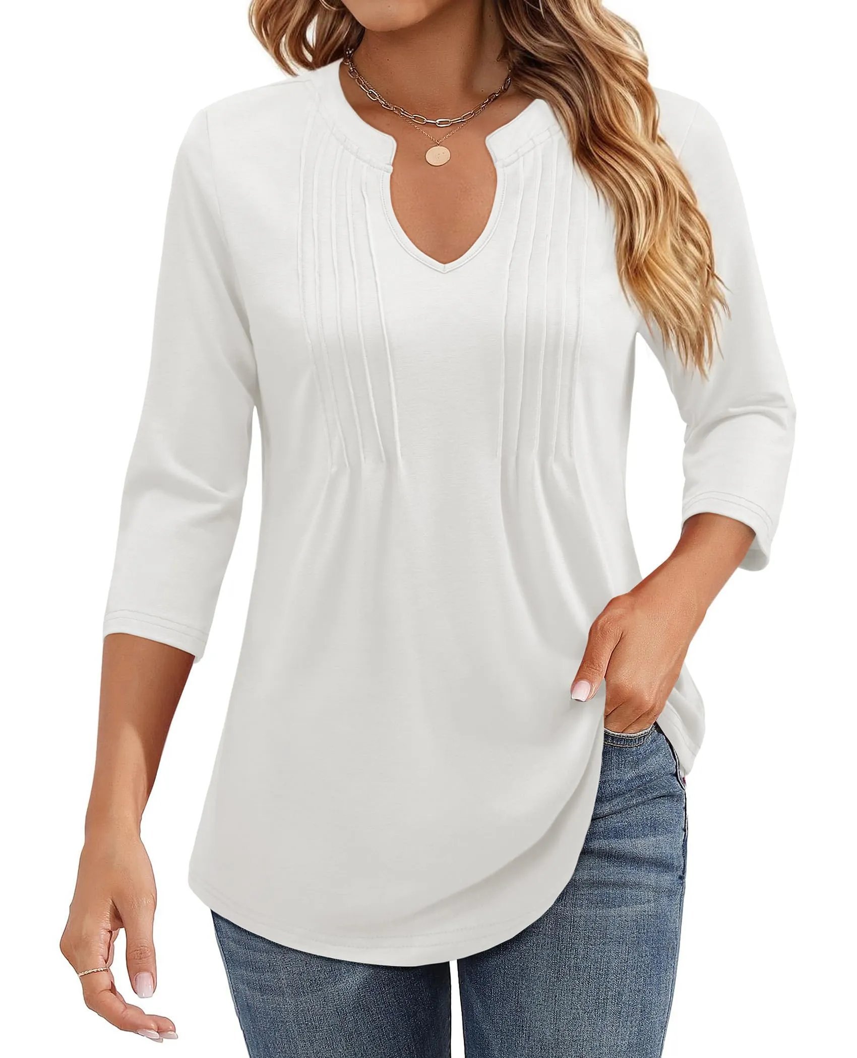 526✨WOMENS CASUAL 3/4 SLEEVE PLEATED TUNIC BLOUSE(🎁⏰Final Day: BUY 2 GET 1 FREE)