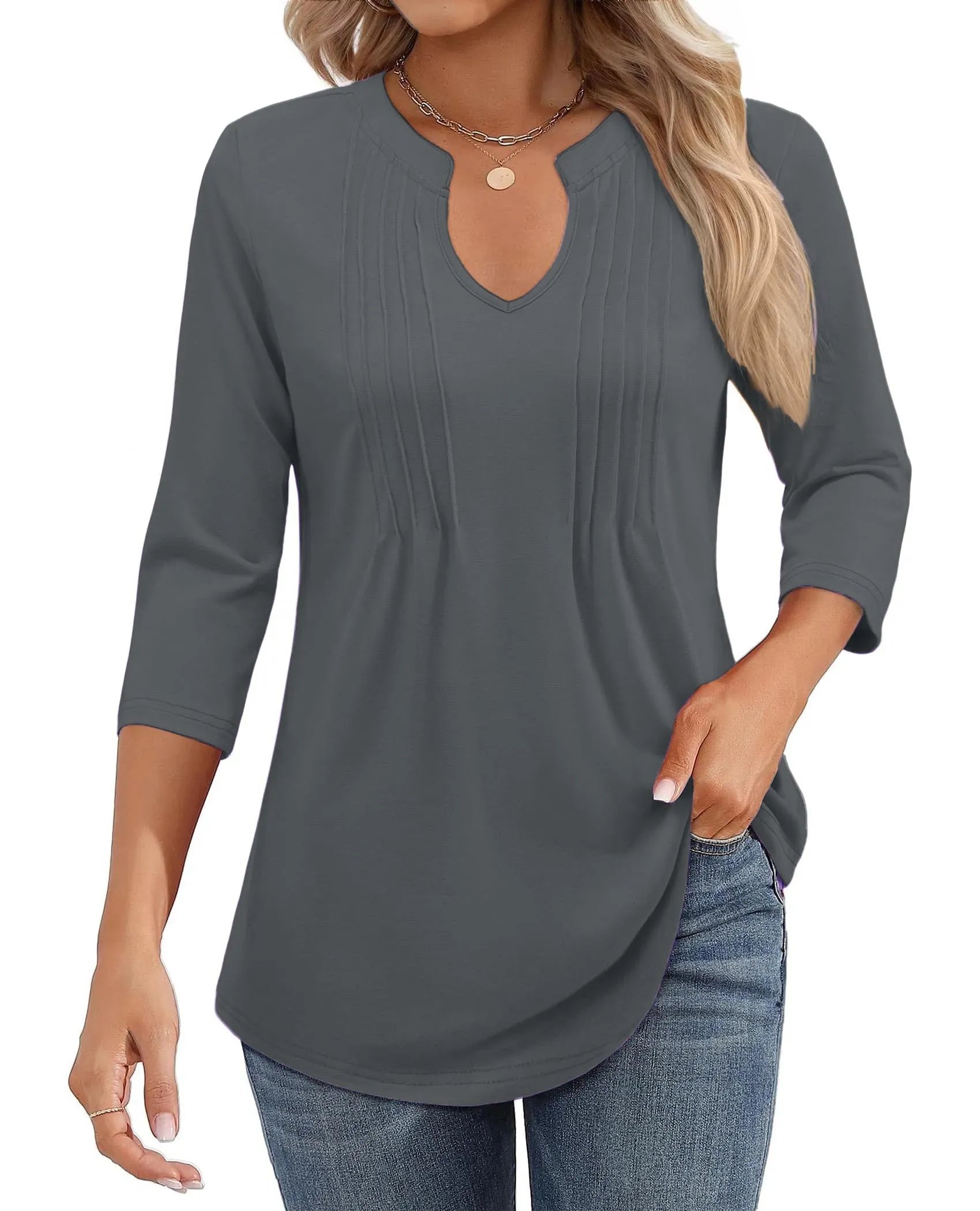 526✨WOMENS CASUAL 3/4 SLEEVE PLEATED TUNIC BLOUSE(🎁⏰Final Day: BUY 2 GET 1 FREE)