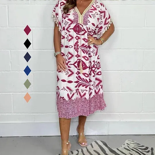 🌸Abito casual stampato con scollo a V e frange sulle maniche corte