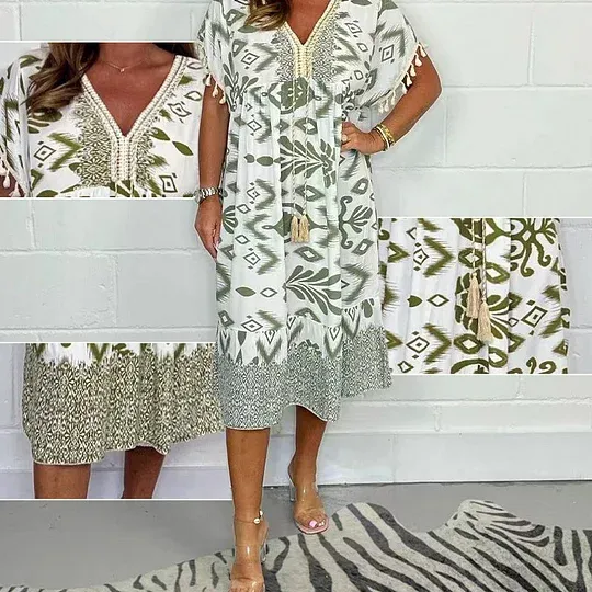 🌸Abito casual stampato con scollo a V e frange sulle maniche corte
