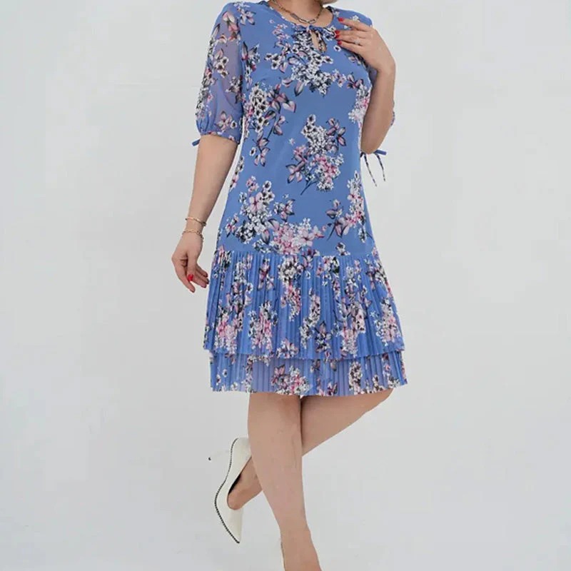 🌹Elegante abito lungo plissettato in chiffon con maniche corte