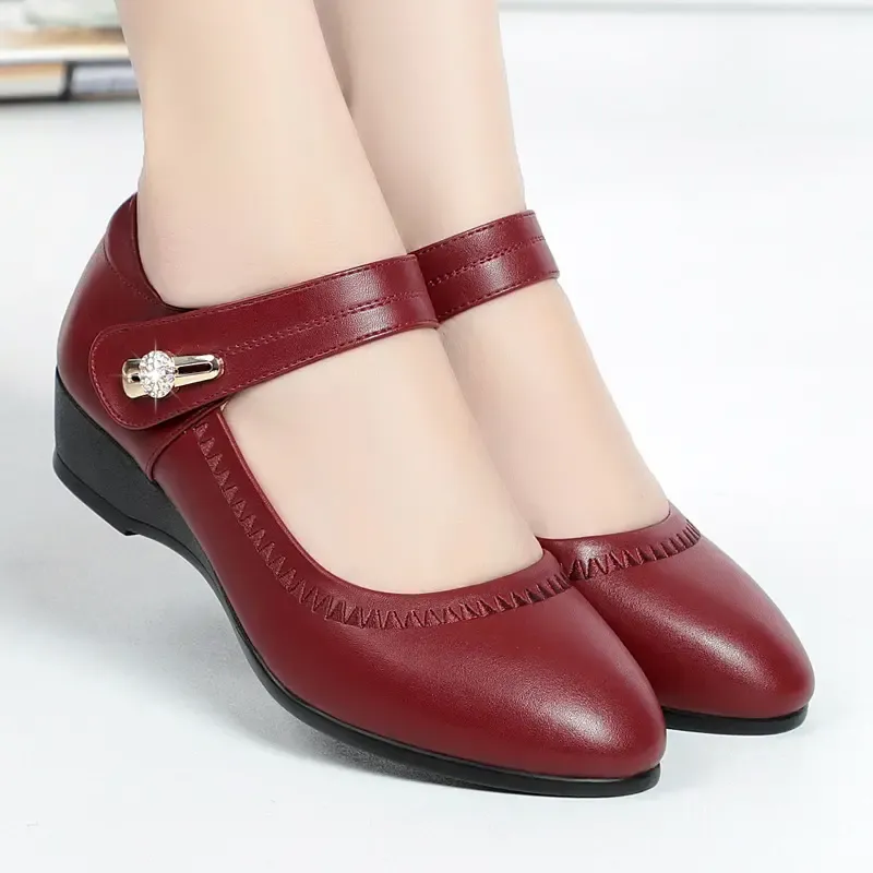 【35-41】Scarpe da mamma in morbida pelle con suola morbida e tacco a zeppa antiscivolo