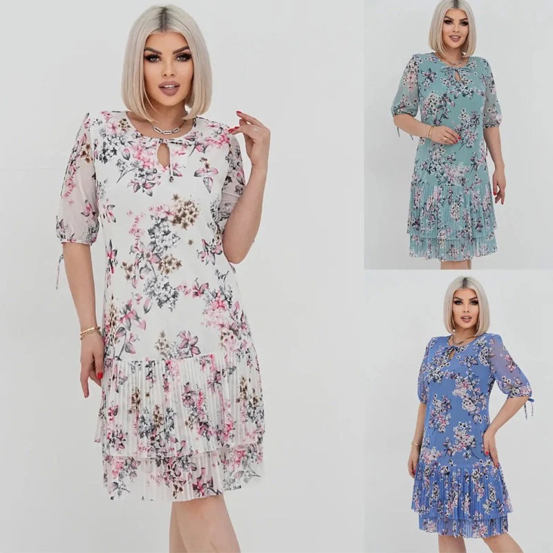🌹Elegante abito lungo plissettato in chiffon con maniche corte