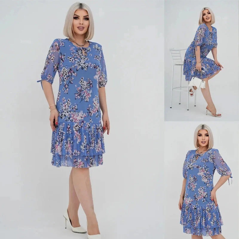 🌹Elegante abito lungo plissettato in chiffon con maniche corte