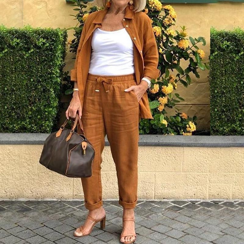 【M-4XL】🌿Camicetta in cotone e lino da donna e pantaloni a maniche lunghe