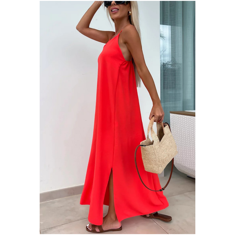 💗👗Luźna sukienka maxi na ramiączkach z rozcięciem z boku
