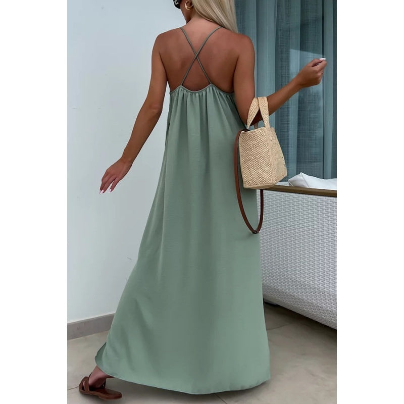💗👗Luźna sukienka maxi na ramiączkach z rozcięciem z boku