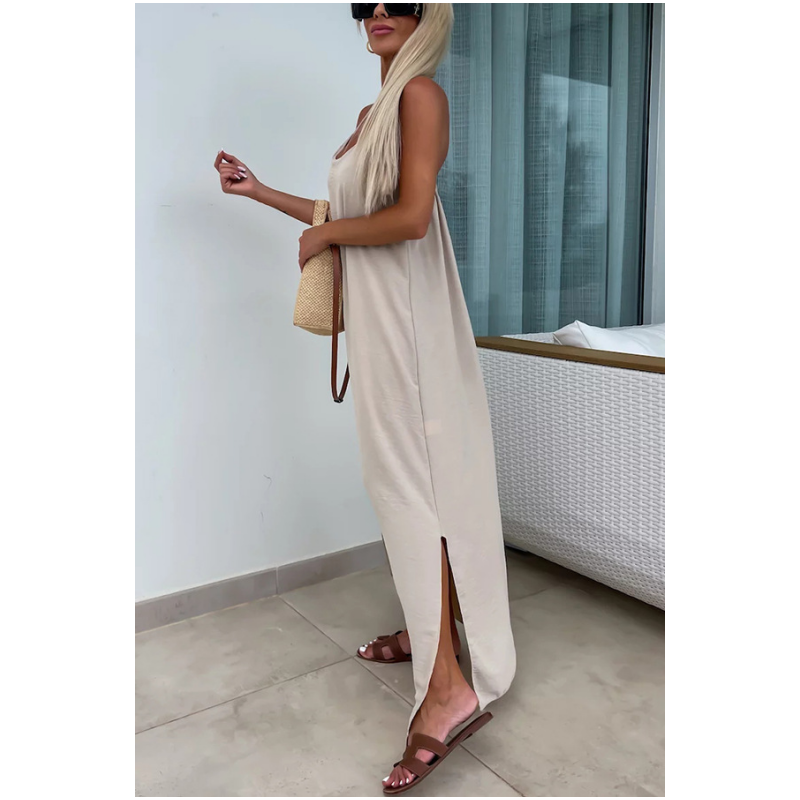 💗👗Luźna sukienka maxi na ramiączkach z rozcięciem z boku