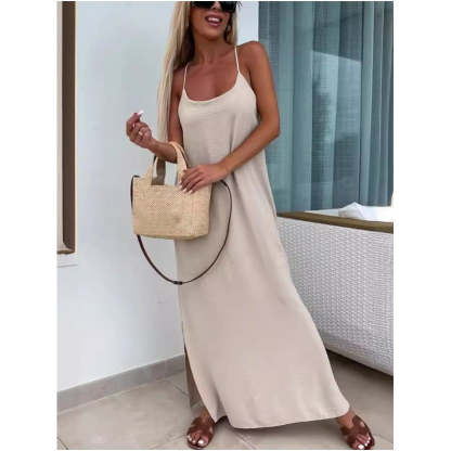 💗👗Luźna sukienka maxi na ramiączkach z rozcięciem z boku