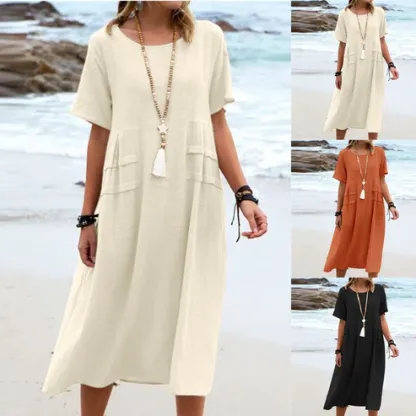 💕Nuova Estate💕Abito midi da donna in cotone e lino con scollo rotondo
