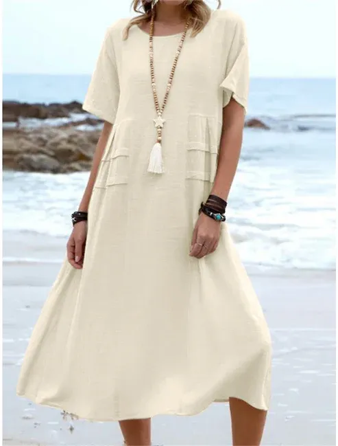 💕Nuova Estate💕Abito midi da donna in cotone e lino con scollo rotondo