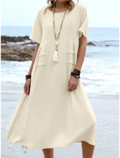 💕Nuova Estate💕Abito midi da donna in cotone e lino con scollo rotondo