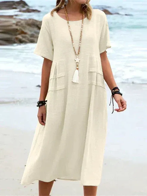 💕Nuova Estate💕Abito midi da donna in cotone e lino con scollo rotond