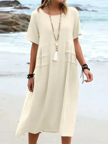💕Nuova Estate💕Abito midi da donna in cotone e lino con scollo rotondo