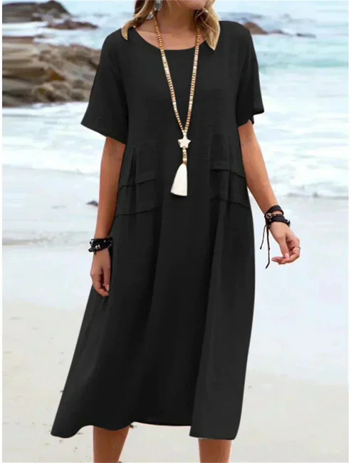 💕Nuova Estate💕Abito midi da donna in cotone e lino con scollo rotondo