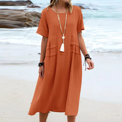 💕Nuova Estate💕Abito midi da donna in cotone e lino con scollo rotondo