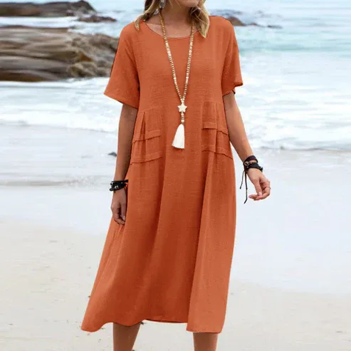 💕Nuova Estate💕Abito midi da donna in cotone e lino con scollo rotondo