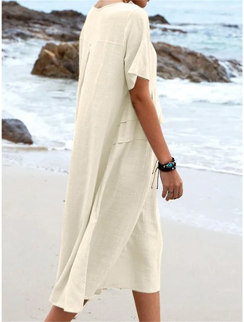 💕Nuova Estate💕Abito midi da donna in cotone e lino con scollo rotondo