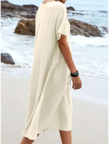 💕Nuova Estate💕Abito midi da donna in cotone e lino con scollo rotondo