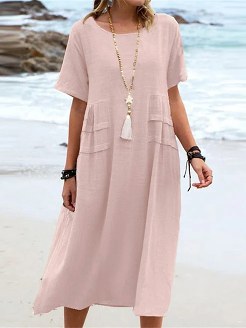 💕Nuova Estate💕Abito midi da donna in cotone e lino con scollo rotondo