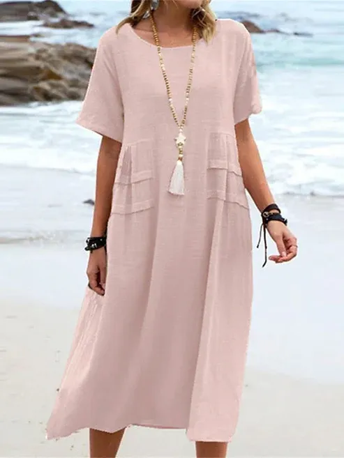 💕Nuova Estate💕Abito midi da donna in cotone e lino con scollo rotondo
