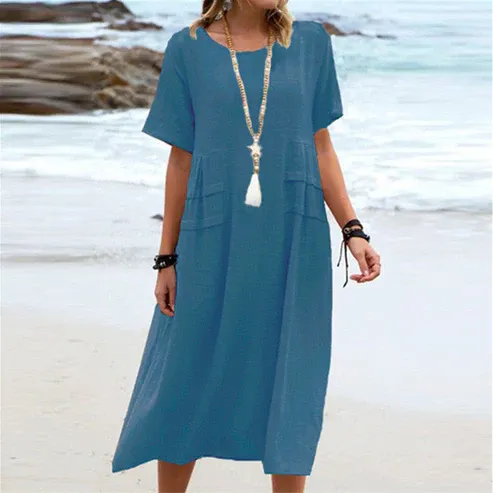 💕Nuova Estate💕Abito midi da donna in cotone e lino con scollo rotondo