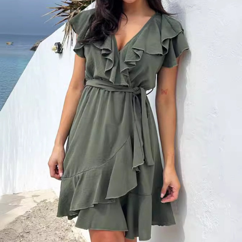 ❤️Nuovi prodotti 2025❤️Abito elegante da donna con volant, scollo a V e cintura annodata
