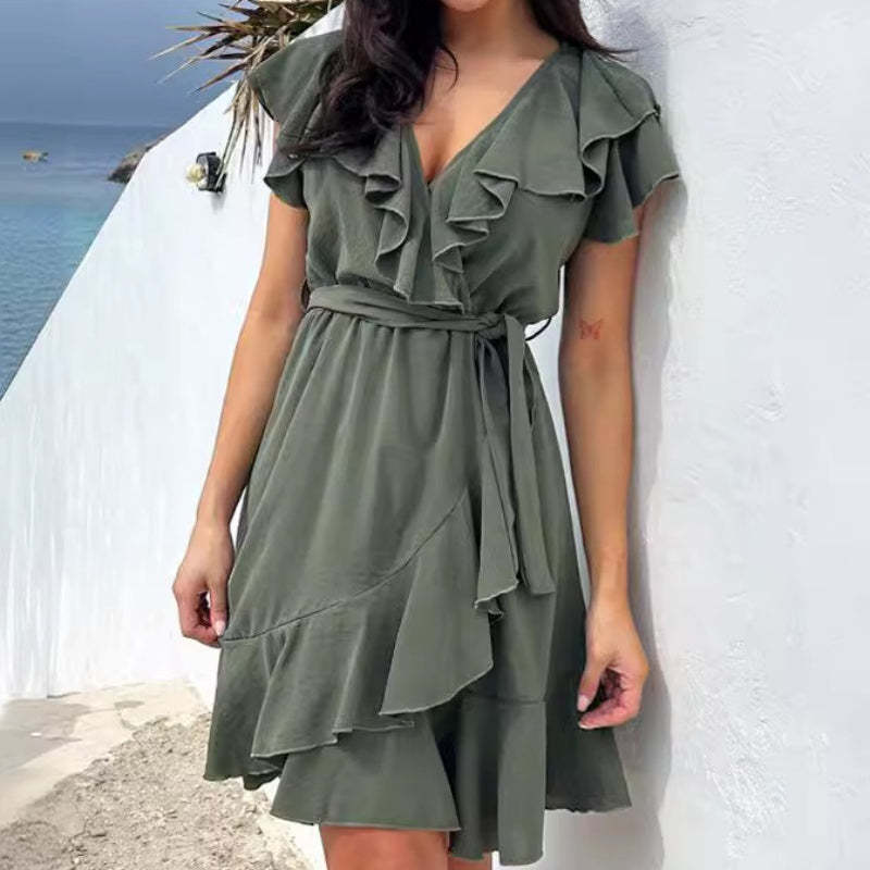 ❤️Nuovi prodotti 2025❤️Abito elegante da donna con volant, scollo a V e cintura annodata