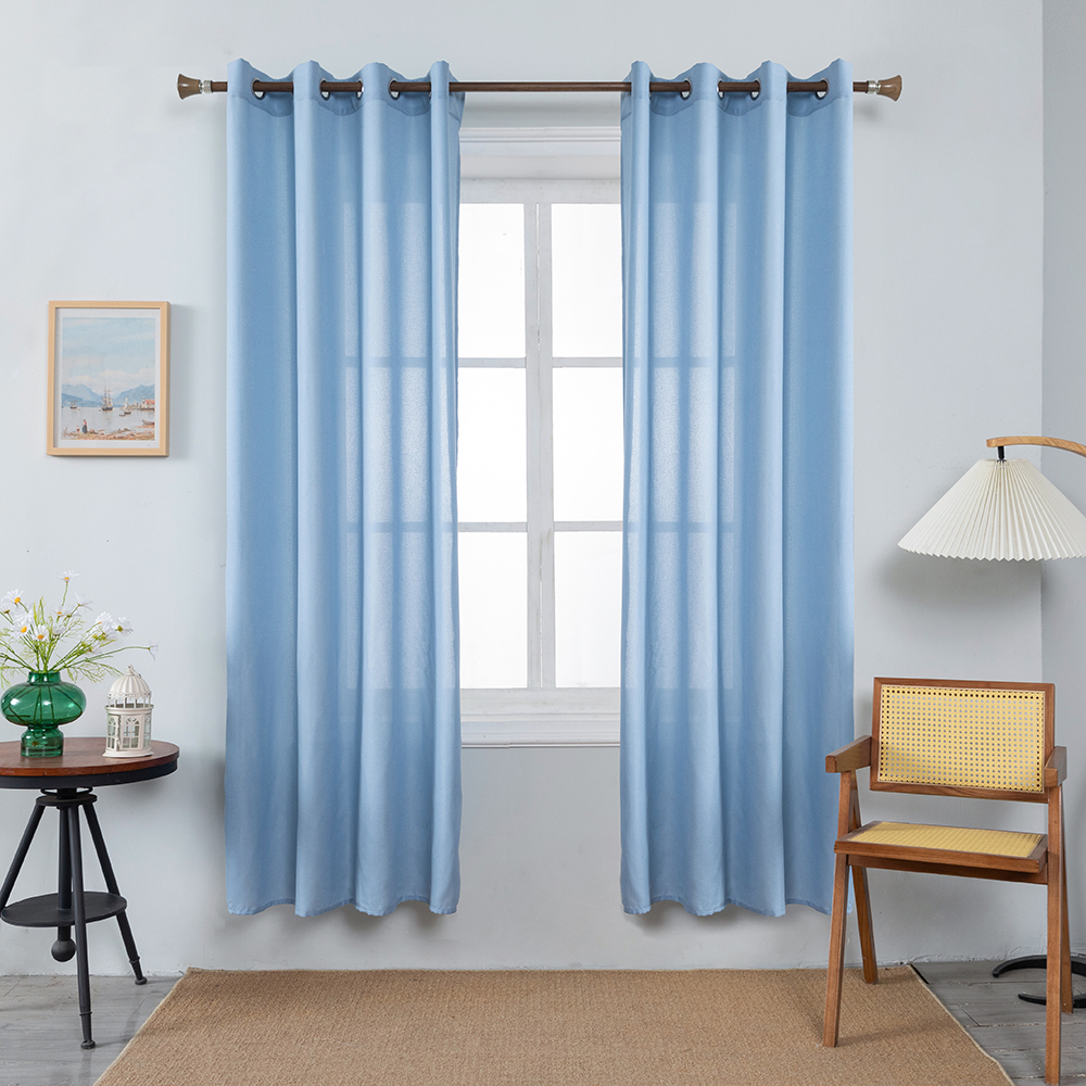 Linen Cross Curtains with Silver Thread Light Blue