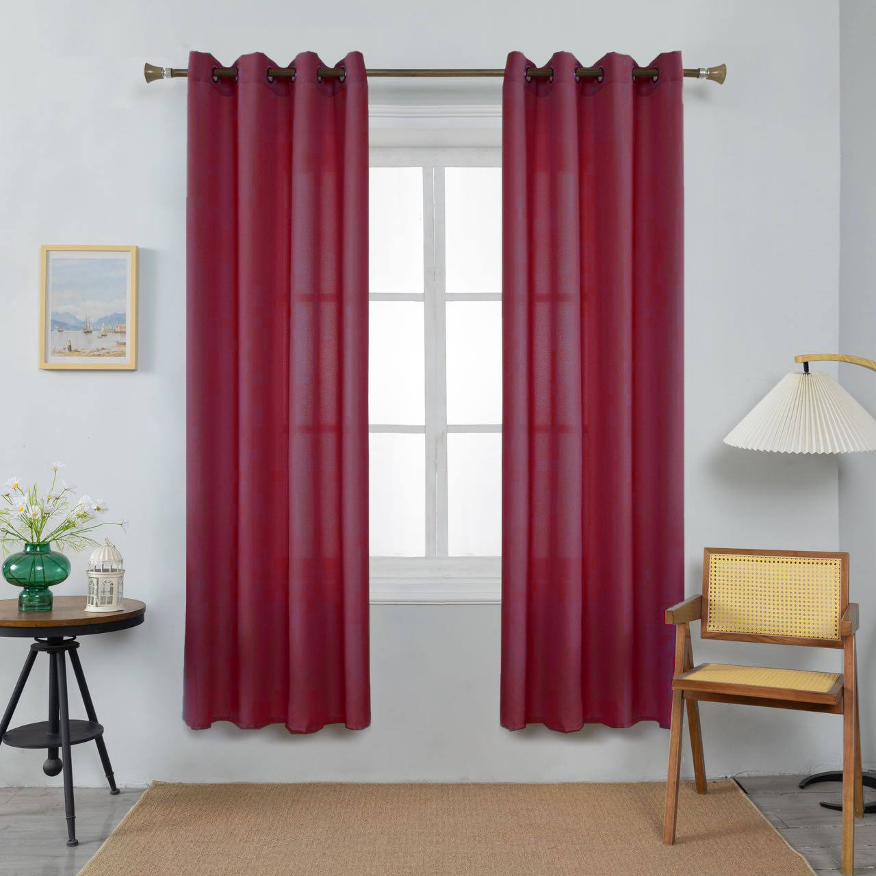 Thick Linen Curtains Dark Red