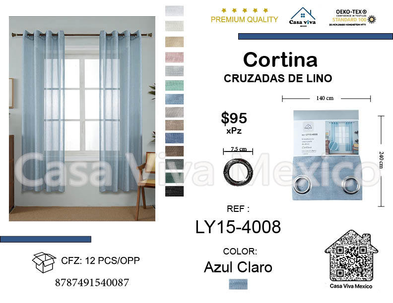 Linen Cross Curtains with Silver Thread Light Blue140*240 cm 