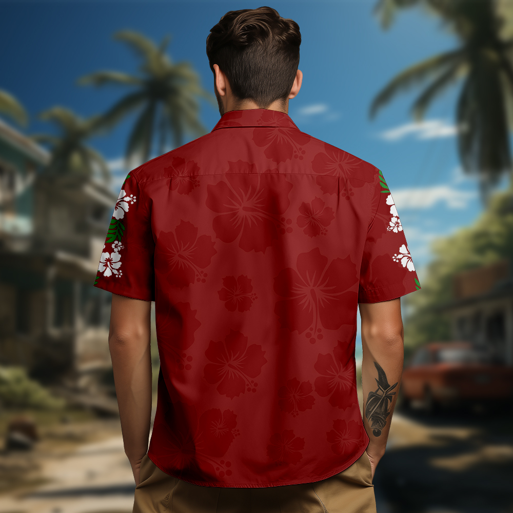 100% Cotton Men's Red Floral Print Short Sleeve Shirt