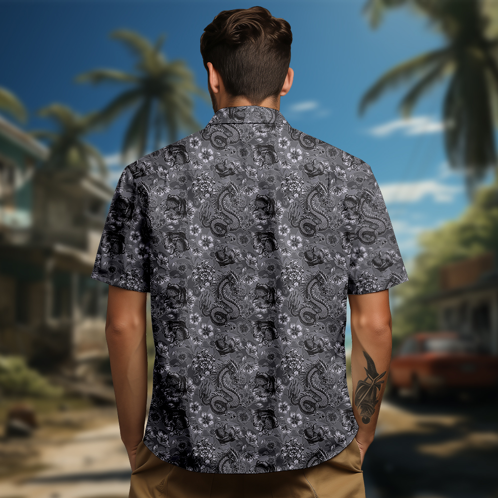 100% cotton Men's black dragon print short sleeve shirt