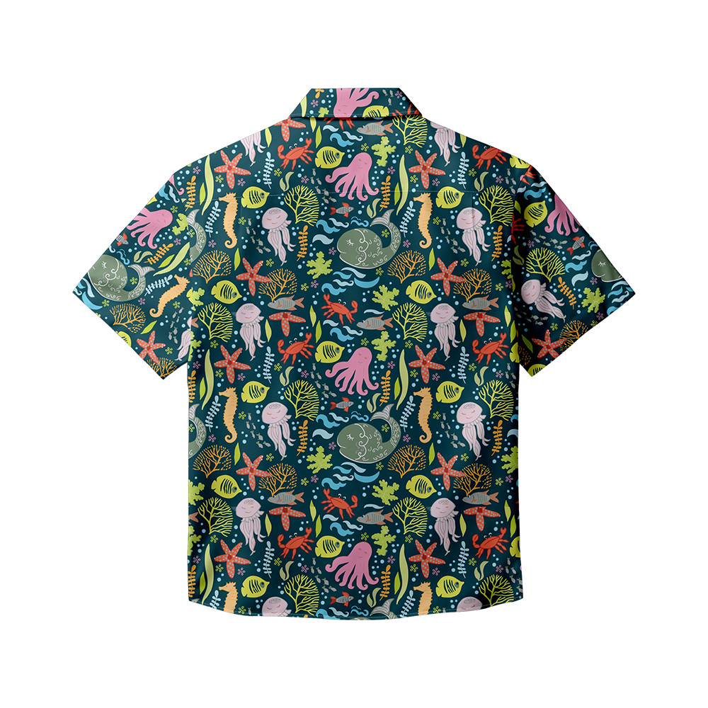 100% Cotton Men's Green Ocean Print Short Sleeve Shirt