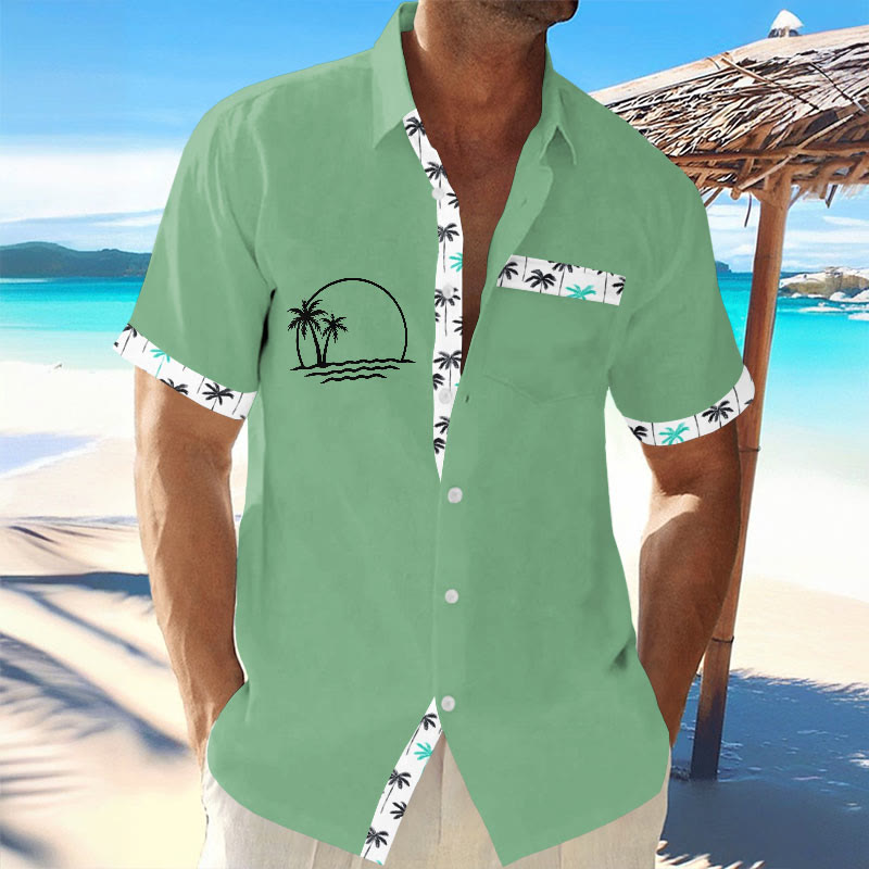 Men's Hawaiian Coconut Tree Contrast Print Resort Casual Short Sleeve Shirt