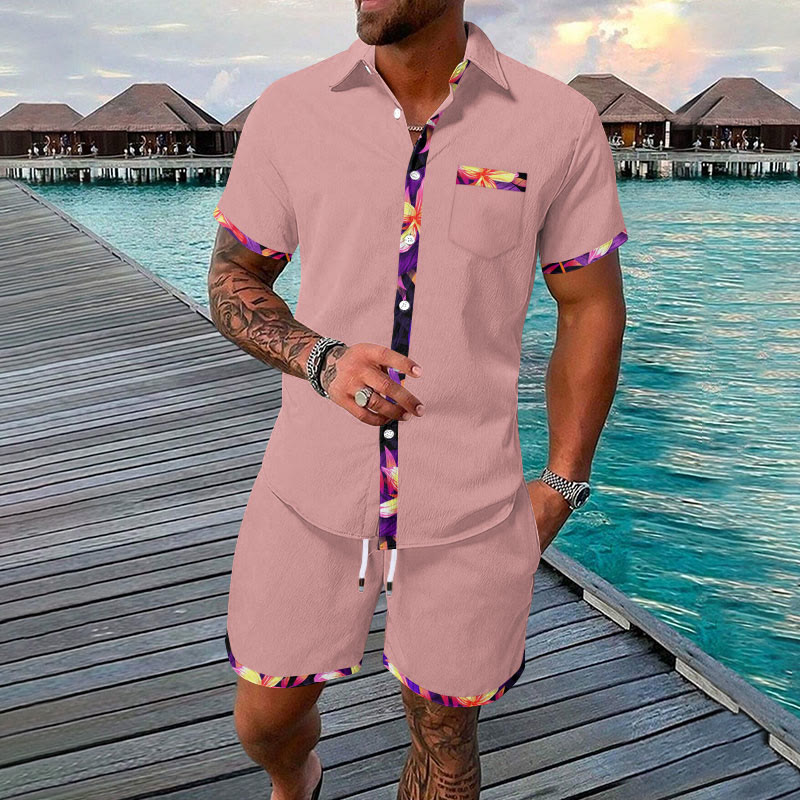 Men's Vacation Hawaiian Tropical Flower Contrast Print Shirt Set